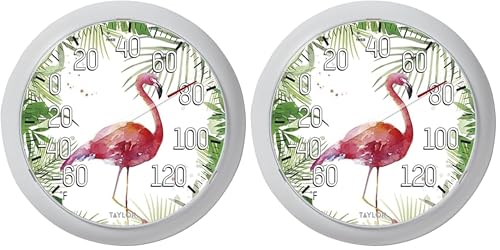 Taylor Flamingo Indoor Outdoor Dial Thermometer, Decor for Patio, Pool, or Garage, 8.5 Inch, White Bezel (Pack of 2) - size: 8.5-in (Pack of 2)