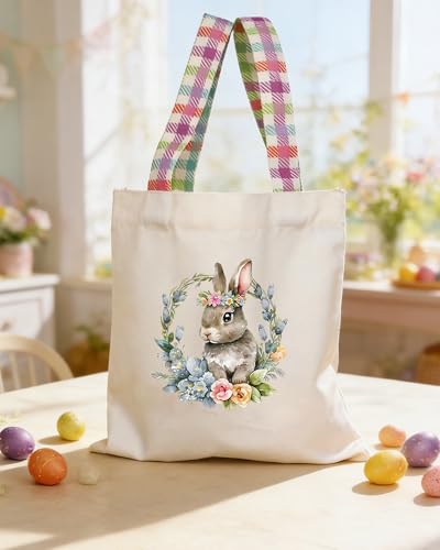 Easter Basket Bunny Canvas Tote Bag, 12.2x11 Inches, Natural Canvas, Hand-Carry, for Gift and Easter Egg Collection - color: B-bunny