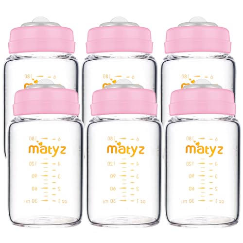 Matyz Glass Breastmilk Storage Containers, 6 Pack, 6 oz Bottle, Compatible with Spectra Medela Philips Pump - Freezer Safe Storage Bottles Set - Leakproof Glass Baby Bottles - No BPA (Pink Lids) - color: [Pack of 6] Pink Lid - 6 Ounce Clear Borosilicate G