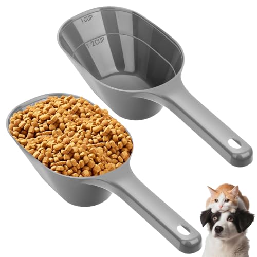 2 PACK Dog Food Scoop,1 Cup Capacity Pet Food Scoop For Dog and Cat (Grey) | Clear Markings for Precise Measuring 1/2 and 1 Cup Lines,Dishwasher Safe,Plastic,Portable and Sturdy - color: Grey