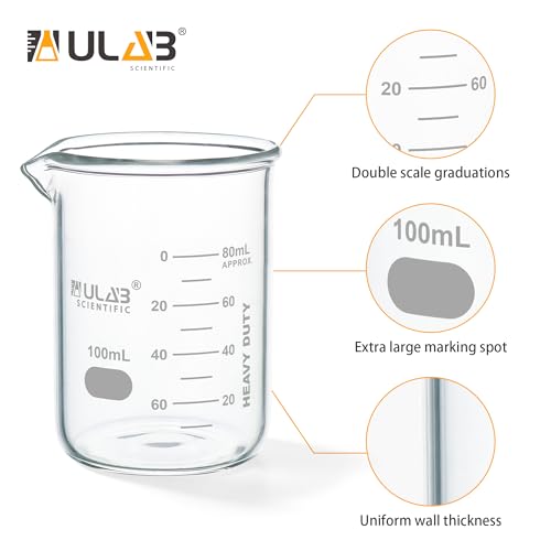 ULAB Scientific Glass Beaker Set, Vol.100ml, Shot Glass, 3.3 Borosilicate Griffin Low Form with Printed Graduation, Pack of 6, UBG1014 - style: Vol.100ml,Pack of 6
