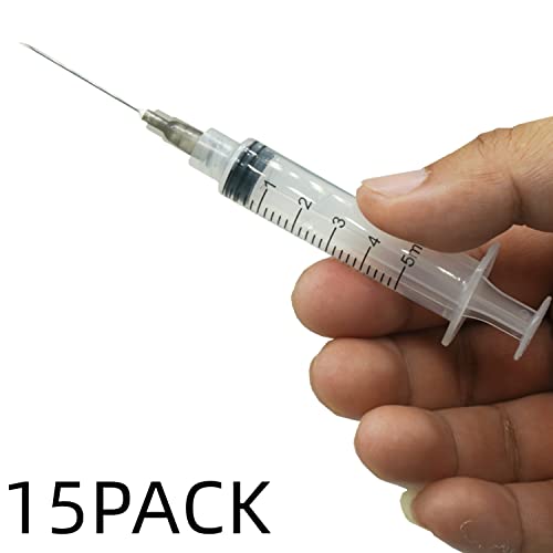 15 Pack 5ml 22Ga Plastic Syringe with Measurement for Scientific Labs, Industrial Dispensing Animal and Pet Supplies, Disposable Individually Wrapped (15, 5ml-22Ga) - size: 5ml-22Ga