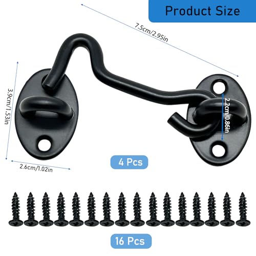 4 Pack 3" Hook and Eye Gate Latch, Stainless Steel Rust-Resistant Barn Door Lock Cabin Hooks for Gate Shutters Window Slide Barn Shed Cabinet Bathroom, with 16pcs Screw,Black - color: Black, size: 3 inch(4pcs)