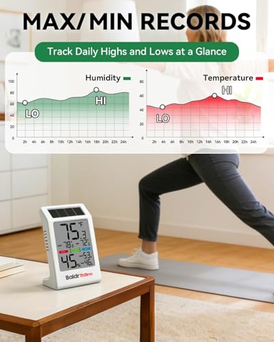 BALDR Indoor Thermometer Hygrometer, Solar Power with Battery Backup, Large Display, Daily Max/Min & Comfort Indicator Humidity Meter | Solar & Battery Dual Power |No Setup or App Required |Clear Comfort Level Indicator |Flexible Desk or Wall Placement -