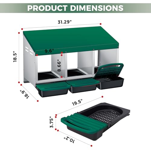 3 Hole Chicken Nesting Box - Heavy Duty Metal Chicken Laying Box, Easy Egg Collection & Cleaning with Removable Tray for Poultry Coop, Backyard, Farm - color: green, size: 3 holes