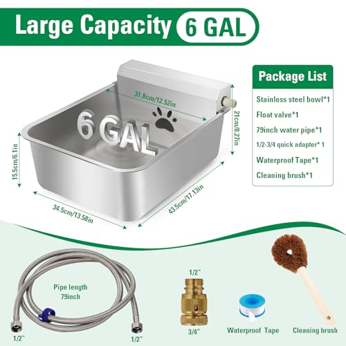6 Gallons Automatic Animal Water Dispenser X-Large Stainless Steel | Outdoor Waterer Bowl, For Dogs & Chicken, Auto Fill Livestock Water Trough, With 2m Hose, 13.6"x17"x9"