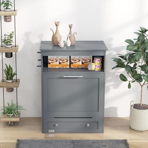 PawHut Dog Feeding Station with Raised Bowls, Pet Feeder Station, Gray | Dog Food Storage Cabinet, Hanger for Feeding & Watering Supplies - color: Gray