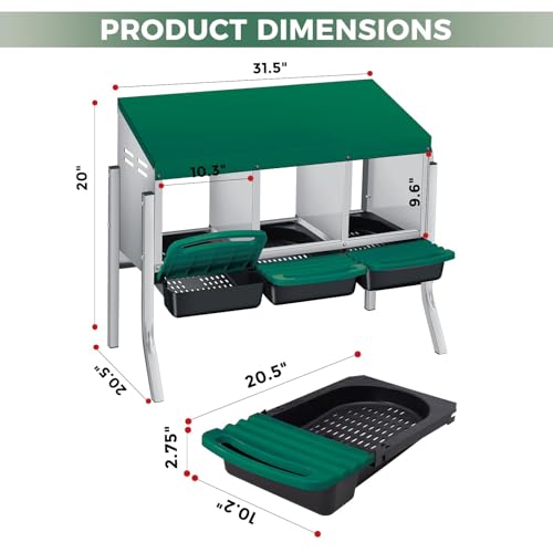 PrecisionAuto Chicken Nesting Box, 3 Compartment with Support Legs Automatic Roll Away Egg Collection, Ventilated Galvanized Steel, Wall Mount or Freestanding Hen Coop Accessory, Green - color: Green