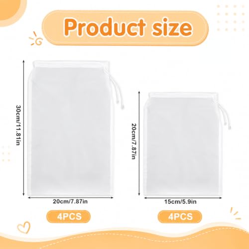 8Pcs 300 Mesh Strainer Bag, Nylon Fine Mesh Strainer Bags, Food Grade 2 Sizes (6 x 8 In & 8 x 12 In) for Straining Oat Almond Milk, Greek Yogurt, Juice, Cold Brew Coffee, Beer Tea, White