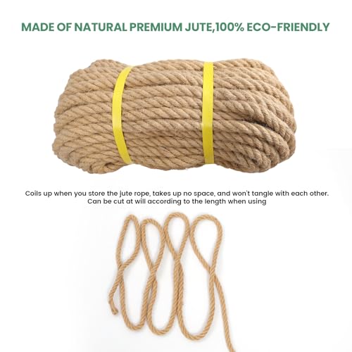 Natural Jute Rope, Heavy Duty Thick Rope, 3/8 in x 100 ft | For indoor and outdoor crafts, nautical rope decor, railings, hammocks, swings, gardening and tug of war - size: 3/8 in x 100 ft
