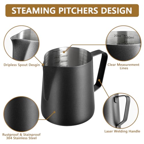 Frothing Milk Pitcher, 20 oz/600 ml Stainless Steel Frothing Milk Jug with Latte Art Pen,with Internal Measurements, for Cappuccino, Espresso and More - color: Black