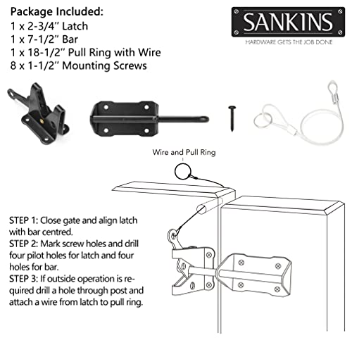 Heavy Duty Automatic Gate Latch for Wooden Fence with Cable Pull, 7-1/2" Self-Locking Gravity Lever Door Security Latches Hardware for Metal Gates, Vinyl Fence, Outdoor Garden, Pool, Black