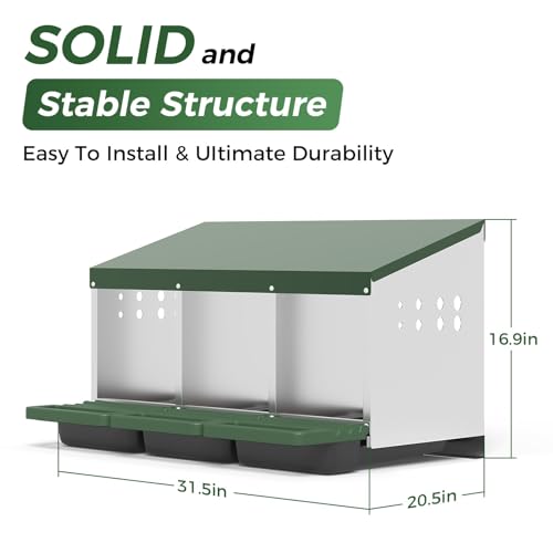 3-Compartment Chicken Nesting Box, Heavy Duty Galvanized Steel Poultry Nest Box, Wall Mount/Freestanding Design for Hens, Ducks, Backyard Homesteads & Farm Use, Green, with Soft Mats, No Stand - color: Green, size: 3 Room&Mat Board
