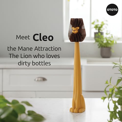 OTOTO Cleo Dish & Water Bottle Brush – Silicone Baby Bottle Brush, Water Bottle Cleaner, Dish Brush with Long Handle, Cute Lion Design, Crevice Cleaning Brush, Baby Essentials, Kitchen Gadgets - style: Cleo