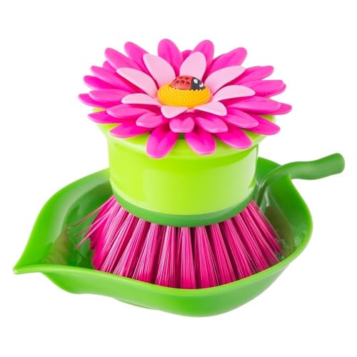 Vigar Flower Power Palm Dish Scrub Brush with Holder - Pink, Green | Kitchen Brushes for Dishes, Sink Brush, Cleaning Brushes for Household Use - color: Pink, Green