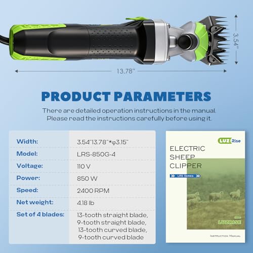 Sheep Shears Professional 850W 2400RPM with 4 Blades, Heavy-Duty | 6-Speed Adjustable, with 4 Blades: 13-Tooth Straight & Curved, 9-Tooth Straight & Curved, Ideal for Thick Coat Animals - size: with 4 Blades