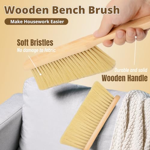 2 Pieces Woooden Dust Brush Hand Broom Bench Brush with Long Wood Handle Whisk Broom Soft Bristle Brush for Counter Bed Sofa Car Fireplace Clothes Household Cleaning - color: Khaki