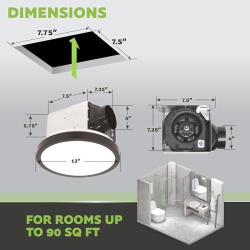 Homewerks 90 CFM Bathroom Exhaust Fan with LED, Matte Black Trim | 1.5 Sones, for Rooms Up to 90 sq ft, Magnetic Trim, Galvanized Steel Housing, EasyAnchor Install, Bathroom Fan with Light - color: 90 CFM Matte Black Round