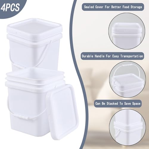 Bringer 4 Pcs 5 Gallon Utility Square Plastic Bucket Pail with Lid, White | airtight sealed cover, comfortable grip handle, durable plastic, for kitchen commercial food storage