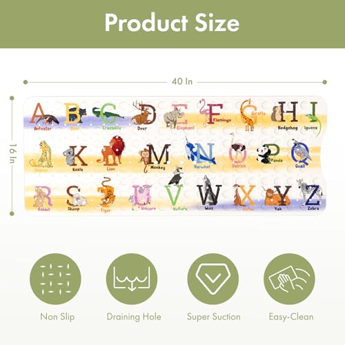 AmazerBath Baby Bath Mat Non Slip, Cartoon Kids Bath Mat for Tub 40 x 16 Inches Full Size Shower Stall Mats - Alphabets & Animals - color: Alphabets & Animals, size: 40" x 16" (Rectangular)