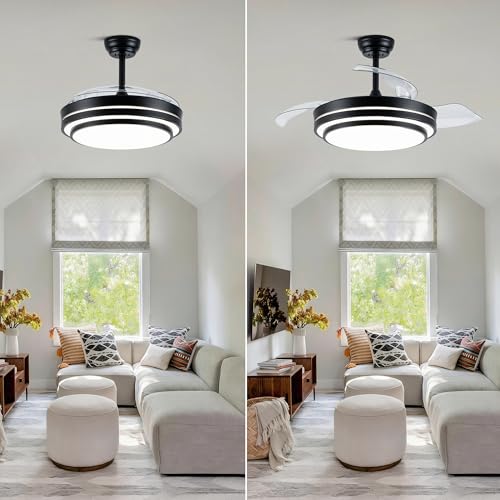 42 Inch Retractable Ceiling Fan with Lights Fandelier Ceiling Fan | Modern Black Fandalier Ultra Thin Chandelier LED Light for Bedroom Living Room, 3CCT Reversible Quiet DC Motor 6 Speeds - color: 4204-Black