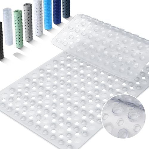 Yimobra Bathtub Mat Non Slip, 27.5"X15.5" Machine Washable Shower Floor Mat, Soft on Feet, Bath Mat with Drain Holes and Suction Cups, Bathroom Essentials, Clear - color: Clear, size: 27.5 X 15.5 Inch