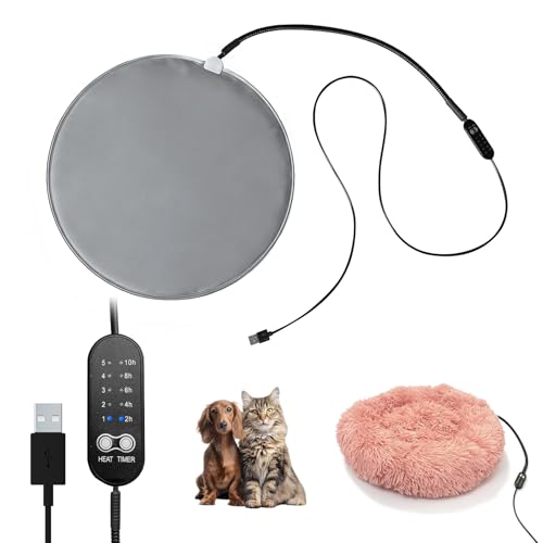 USB Pet Heating Pad – Turns Any Pet Bed Heated (Use Inside Bed), 5V/2A Required, 5-Temp & Timer, 140°F Auto Shut-Off, Waterproof Warmer for Cats/Dogs, Power Bank/Wall Powered (14"x14") - size: 14"x14" Round