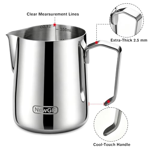 Milk Frothing Pitcher 12oz, Stainless Steel Espresso Cup for Latte Art | Premium 304 stainless steel with precise pour spout and art pen for silky microfoam and professional latte art every time. - color: Bright Silver