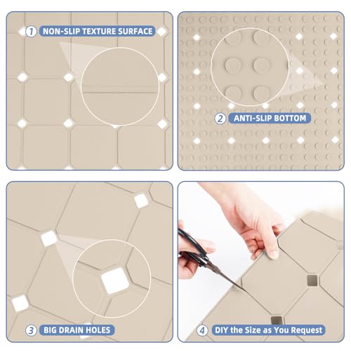 Shower Mat Non Slip 21"x21" Silicone Foldable Bath Mat with Suction Cups & Drain Holes, Odorless, Eco-Friendly & Durable, Machine Washable Shower Stall Mat for Adults, Seniors Beige - color: Beige