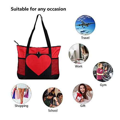 Tote Bag Large Size Shoulder Bag with Zipper, Lightweight Casual Travel Luggage Bag with Two Mesh Pockets for Women - color: Red