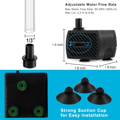 PULACO 95GPH 5W Mini Water Pump with 3.3 ft Tubing | Submersible Pump for Aquarium Fish Tank, Indoor and outdoor fountain, Pet fountain, Long service life