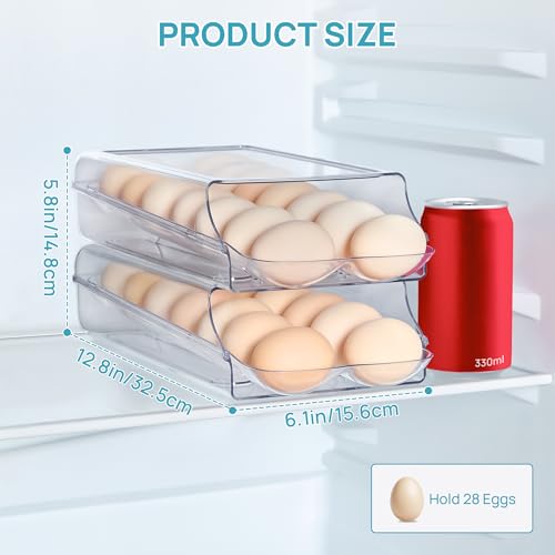 Vtopmart 2 Pack Egg Holder for Fridge, Automatic Rolling Egg Container | Stackable Clear 14-Count Eggs Organizer with Removable Inner Tray, Egg Storage for Refrigerator, Space Saving