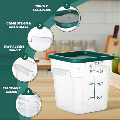 4 Pack 4QT Square Food Storage Containers with Lids | Clear NSF polycarbonate containers with scale, label and measuring cup, stackable for prep, storage, freezer. Dishwasher safe - color: 4Qt