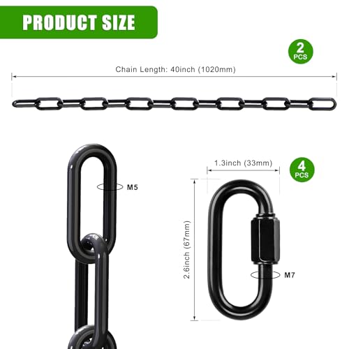 SELEWARE 2Pcs 40" Hanging Swing Chain Black Plastic Coated Hanging Chains | 1000LB Capacity Porch Swing Chain with 4 Carabiners, Hammock Hardware Kit for Hanging Chair, Punching Bag, Indoor Outdoor Gym - color: Black, size: 40" (2 Pcs)