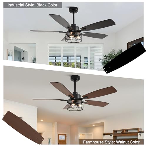 52" Farmhouse Ceiling Fan with Lights Remote Rustic Ceiling Fan | Caged Black Fandelier Industrial Chandelier Light for Bedroom Living Room, Reversible 6 Speeds, 3 E12 Bulbs (Not Included) - color: Black, size: 52 Inch