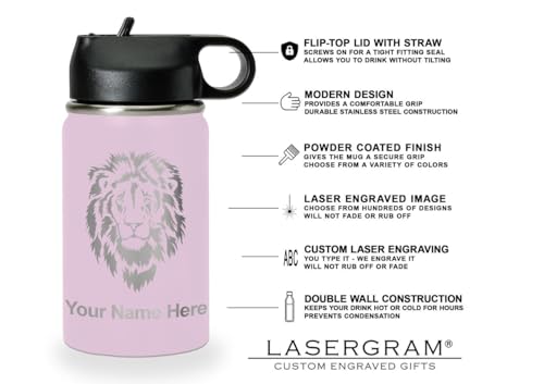 LaserGram Personalized 12oz Water Bottle, Horse (Lavender) | Engraved Gift, Vacuum Insulated Stainless Steel, Flip-Top Straw Lid, Laser Engraved With Your Name - color: Lavender, size: 12 Ounces