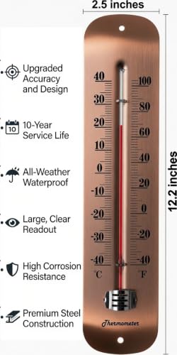 12 Inch Vintage Large Outdoor Thermometer - Antique Copper, Big Easy to Read Numbers, Premium Steel Waterproof Wall Thermometer for Garden Patio, Decorative & Accurate, No Battery Needed - color: Antique Copper