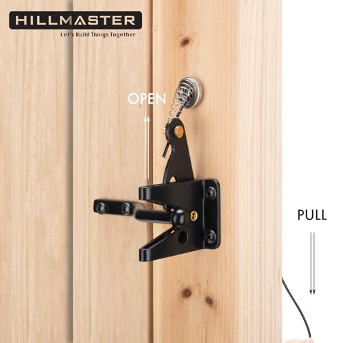 HILLMASTER Self Locking Gate Latch for Wooden Fence Heavy Duty,Gravity Lever Fence Door Latches with Steel Spring Cable Pull String Gate Hardware Gate Lock for Outdoor Secure Pool,Garden,Black Finish - size: 1 Pack