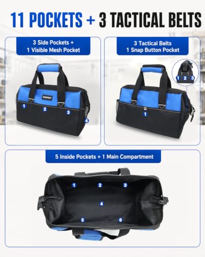COMOWARE 13-Inch Tool Bag, Zip-top Wide Mouth Open top Tool Bag, Large Capacity Tool Organizer with Inside Pockets, Blue Tool Tote Bag for Carpenter, Mechanic and Home Repair - color: Blue