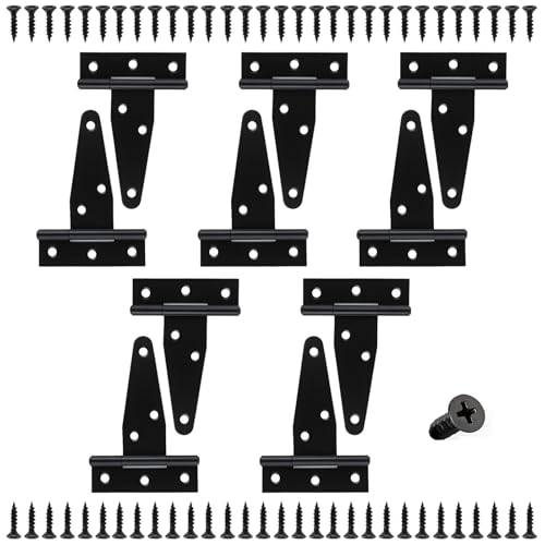 RUGLAMZHIP 10 Pcs 3 Inch Strap Hinges Black Heavy Duty | T Strap & Barn Door Hinges for Gates, Shed Doors, Outdoor Fences. Durable Hardware for Wooden Fences, Tee Hinge Design.
