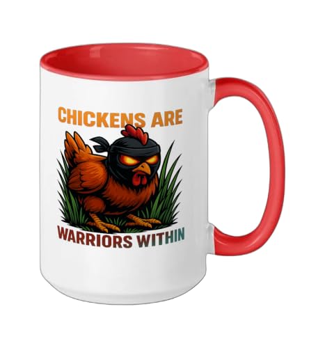 Chickens Are Warriors Within Funny Poultry Ninja Ceramic Mug, Red/White, 15oz - color: Red/White, size: 15 Ounces