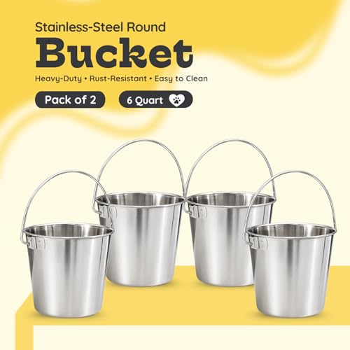 2Qt Stainless Steel Hanging Water Bucket for Dog Kennel 4-Pack | Food & Water Pail, Half Gallon Capacity, Heavy-Duty, Round Design with Carry Handle, Ideal for Dogs, Cats, Birds & Small Pets - size: 2 Quart (Pack of 4)
