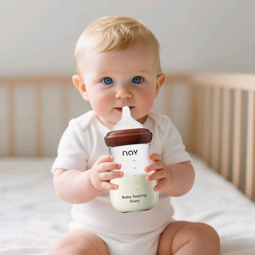 yanyoyo Natural Glass Baby Bottle for Breastfeeding Babies, 8oz Anti-Colic Baby Bottle with Natural Response Nipple(M), Clear, Wide Neck, 2 Pack, 3 Months+ - color: White, size: 8 Ounce (Pack of 2)