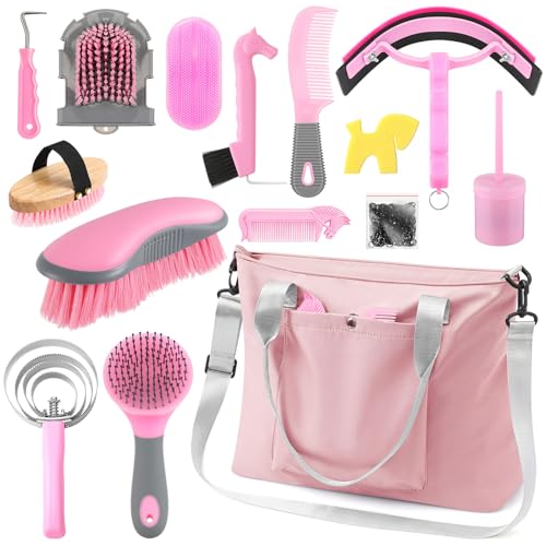 Abbylike 15 Pieces Horse Grooming Kit with Organizer Tote Bag Tack Room Supplies Horse Brush Sets Care Equine Cleaning Kit Shedding Grooming Massaging Tools(Pink and Grey) - color: Pink and Grey
