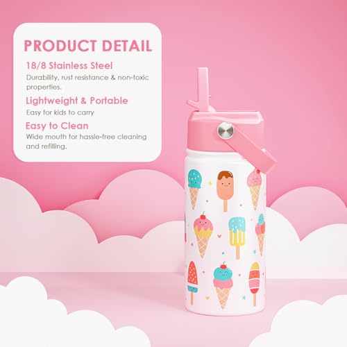 SANDJEST Ice Cream Kids Water Bottle With Straw Lid 12oz Insulated Stainless Steel, Travel Tumbler, Gifts For Girls, Birthday, Christmas, Back To School - color: Ice Cream 1