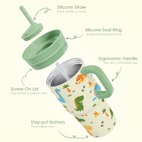 SANDJEST Dinosaur Stainless Steel Tumbler 20oz with Handle and Silicone Straw Locking Lid for Kids Boys, Birthday Christmas Back to School - color: Dinosaur