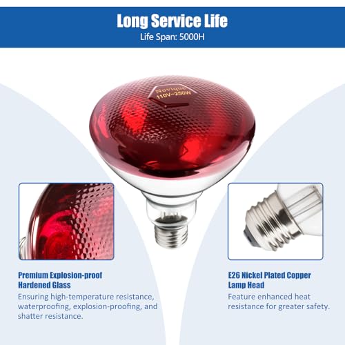 250W Heat Lamp Bulbs 1 Pack Infrared Heat Lamp for Chickens with E26 Socket and 5000 Hours Lifespan Heat Light Bulb for Pets Chicks Reptile Food Service Brooder Coop - size: 1 Pack