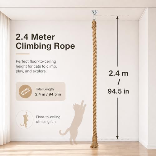 Extra Long 7.9Ft Jute Rope Cat Wall Climber - Heavy Duty Wall Mounted Cat Climbing Pole with Secure Hooks, Indoor/Outdoor Furniture for Active