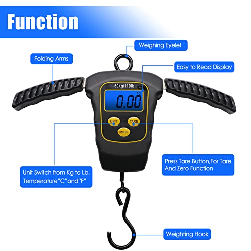 Fish Scale 110lbs/50kg Waterproof Hanging Fishing Portable Weight Scale | Strong Hook Scale, Back-lit LCD Display, Digital Spring Balance, Folding Handles, Luggage Weighing, Fishing Gift for Men