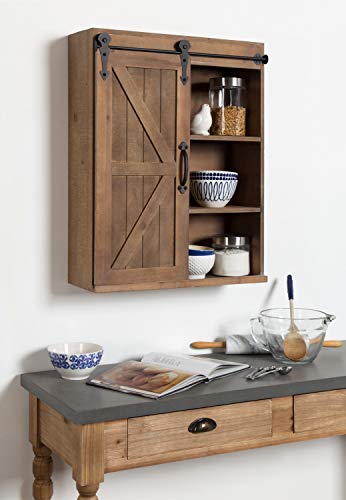 Kate and Laurel Cates Wood Wall Storage Cabinet with Sliding Barn Door; 22 x 9 x 28; Rustic Brown; Decorative Farmhouse Over the Toilet Cabinet with Three Shelves for Bathroom or Kitchen Storage - color: Rustic Brown